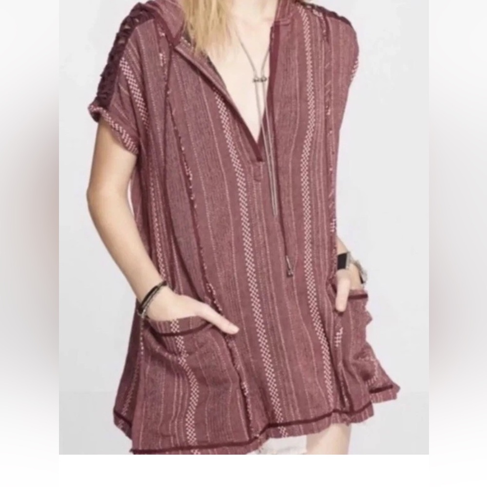Free People Forever Yours Knit Stripe Tunic Sz Small Boho Burgundy